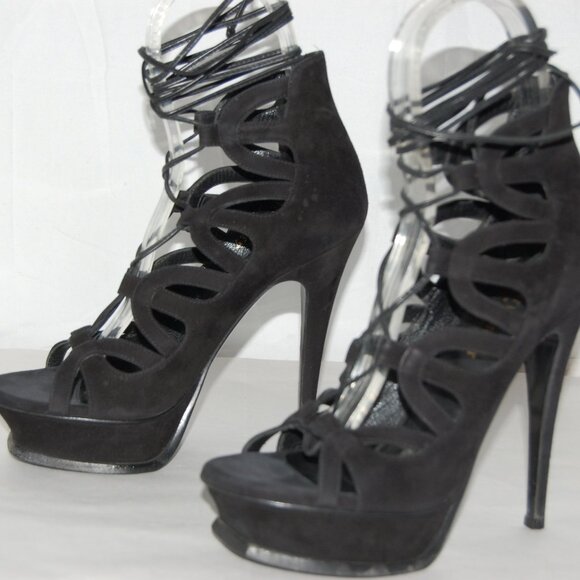 36/US6❤️ SAINT LAURENT BLACK SUEDE LEATHER High Heels Platform Gladiator Sandals - Picture 4 of 11